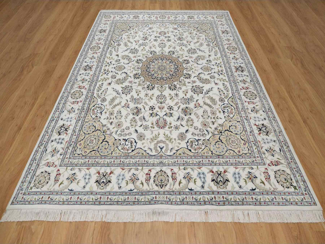 7'11" x 10'3" New Hand Knotted Ivory Wool & Silk Rectangle Oriental Rug - MOA10291598