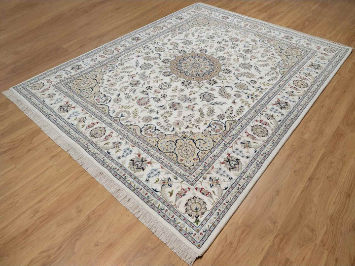 7'11" x 10'3" New Hand Knotted Ivory Wool & Silk Rectangle Oriental Rug - MOA10291598