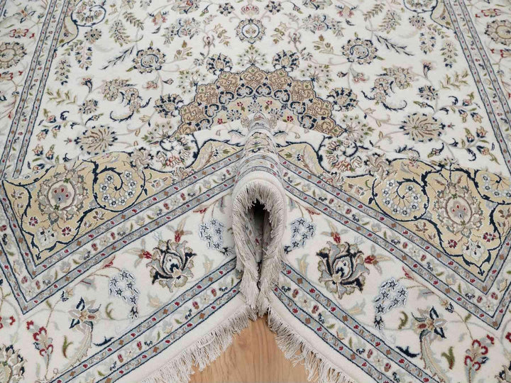 7'11" x 10'3" New Hand Knotted Ivory Wool & Silk Rectangle Oriental Rug - MOA10291598