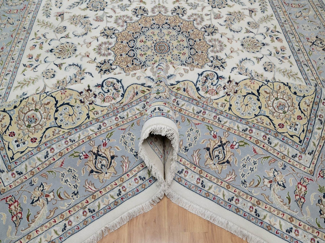 9'9" x 14'1" New Hand Knotted Ivory Wool & Silk Rectangle Oriental Rug - MOA10291603