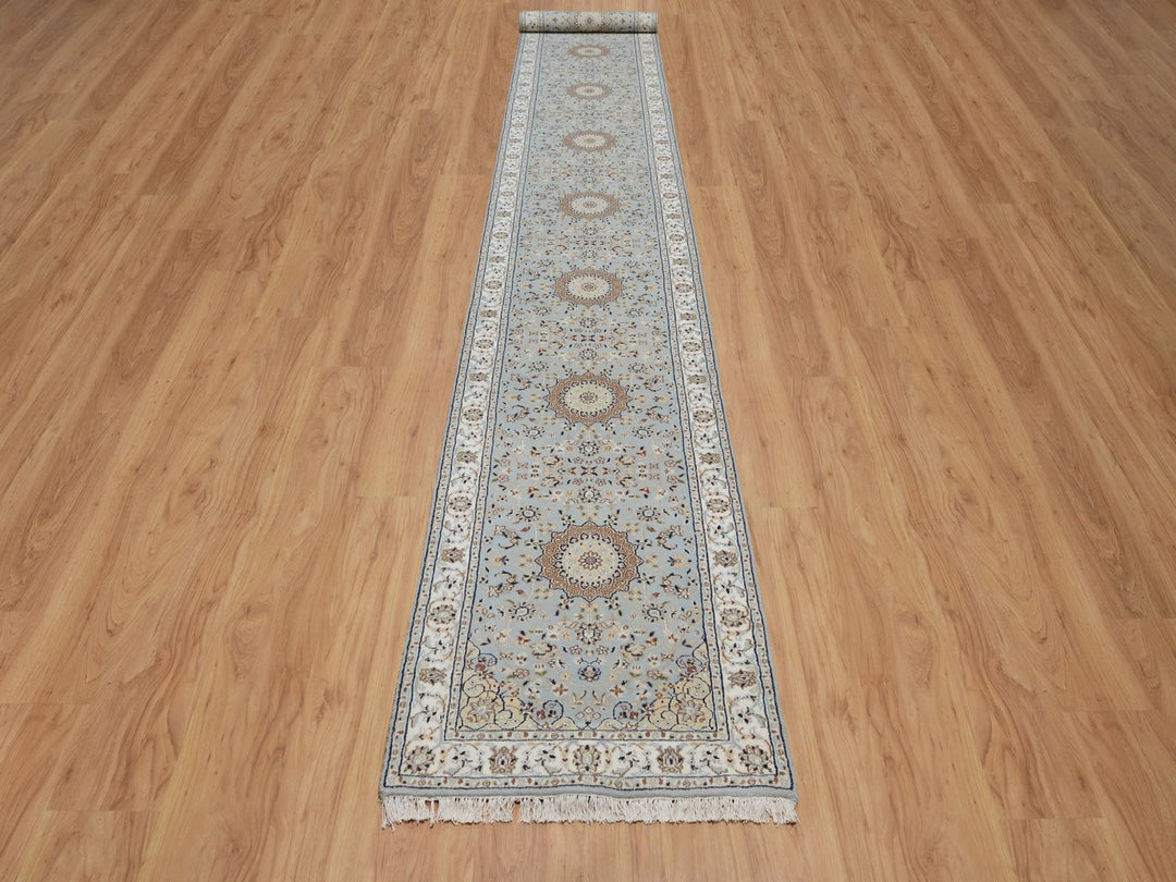 2'7" x 18'5" New Hand Knotted Blue Wool & Silk Runner Oriental Rug - MOA10291615