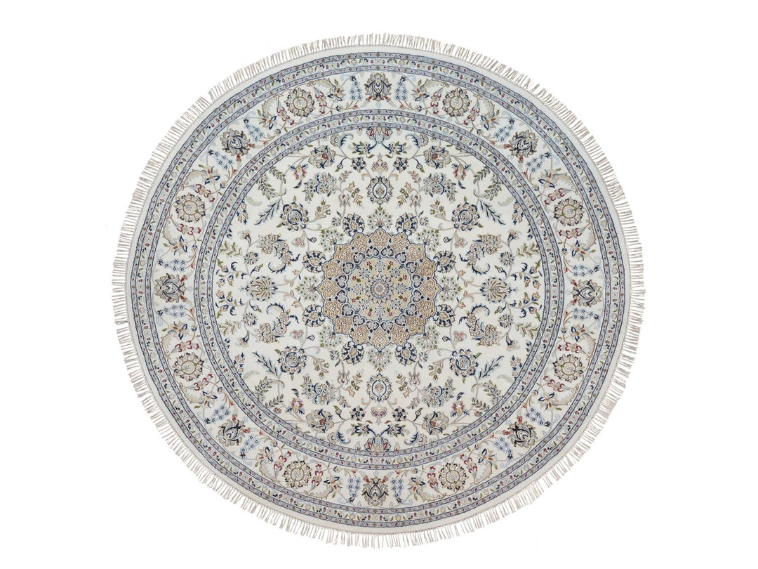 8'0" x 8'0" New Hand Knotted Ivory Wool & Silk Round Oriental Rug - MOA10291617