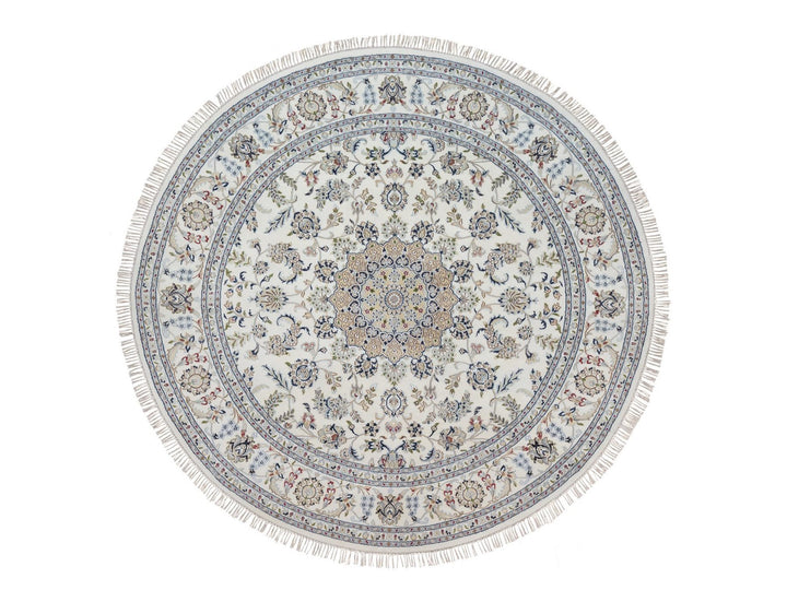 8'0" x 8'0" New Hand Knotted Ivory Wool & Silk Round Oriental Rug - MOA10291617