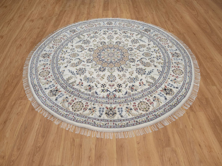 8'0" x 8'0" New Hand Knotted Ivory Wool & Silk Round Oriental Rug - MOA10291617