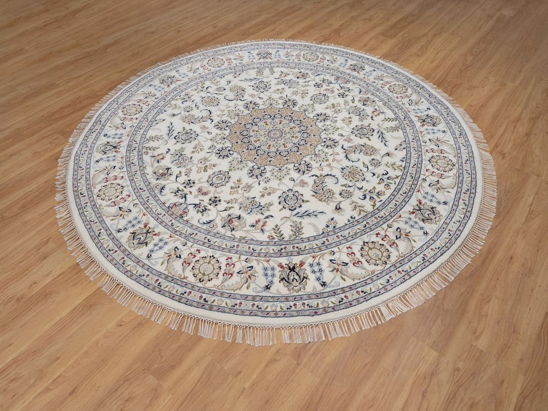 8'0" x 8'0" New Hand Knotted Ivory Wool & Silk Round Oriental Rug - MOA10291617