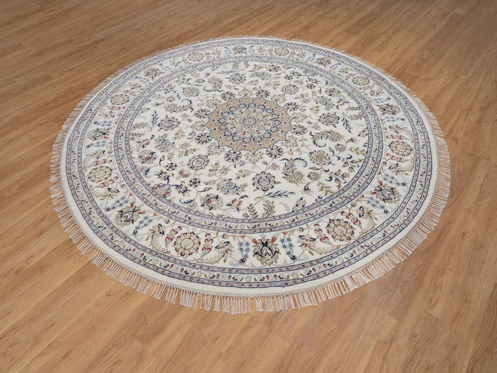 8'0" x 8'0" New Hand Knotted Ivory Wool & Silk Round Oriental Rug - MOA10291617
