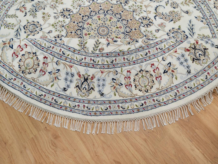 8'0" x 8'0" New Hand Knotted Ivory Wool & Silk Round Oriental Rug - MOA10291617