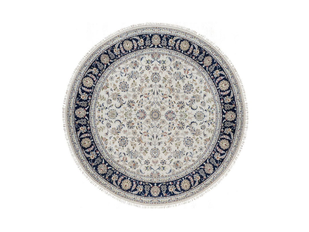 7'9" x 7'9" New Hand Knotted Ivory Wool & Silk Round Oriental Rug - MOA10291622