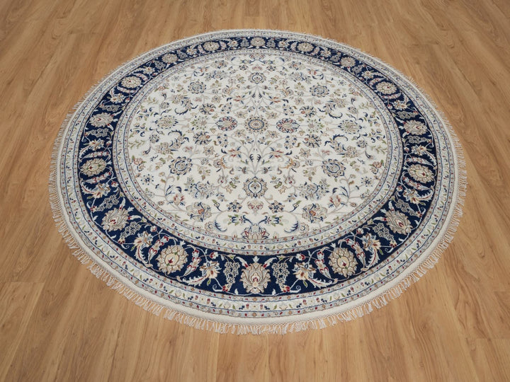 7'9" x 7'9" New Hand Knotted Ivory Wool & Silk Round Oriental Rug - MOA10291622