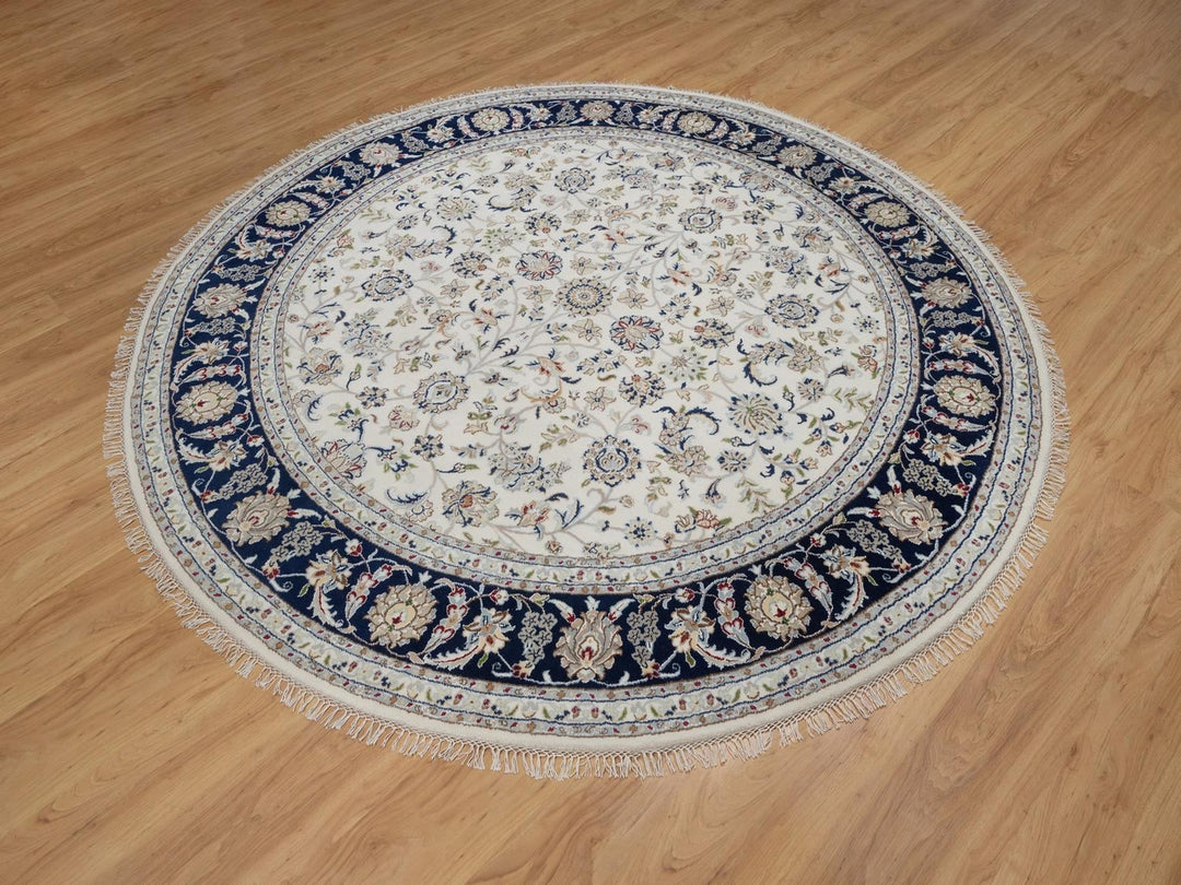 7'9" x 7'9" New Hand Knotted Ivory Wool & Silk Round Oriental Rug - MOA10291622