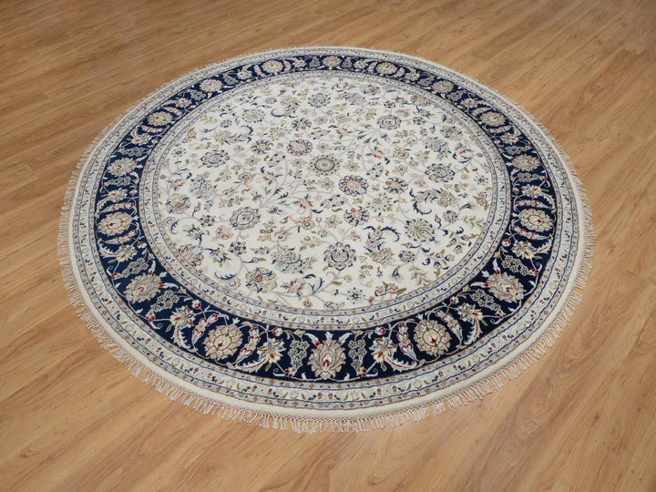 7'9" x 7'9" New Hand Knotted Ivory Wool & Silk Round Oriental Rug - MOA10291622