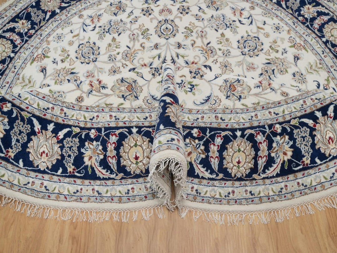 7'9" x 7'9" New Hand Knotted Ivory Wool & Silk Round Oriental Rug - MOA10291622