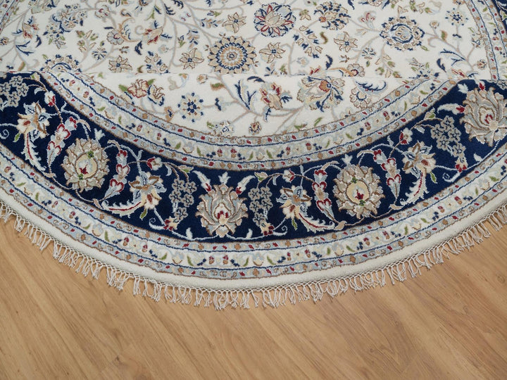 7'9" x 7'9" New Hand Knotted Ivory Wool & Silk Round Oriental Rug - MOA10291622
