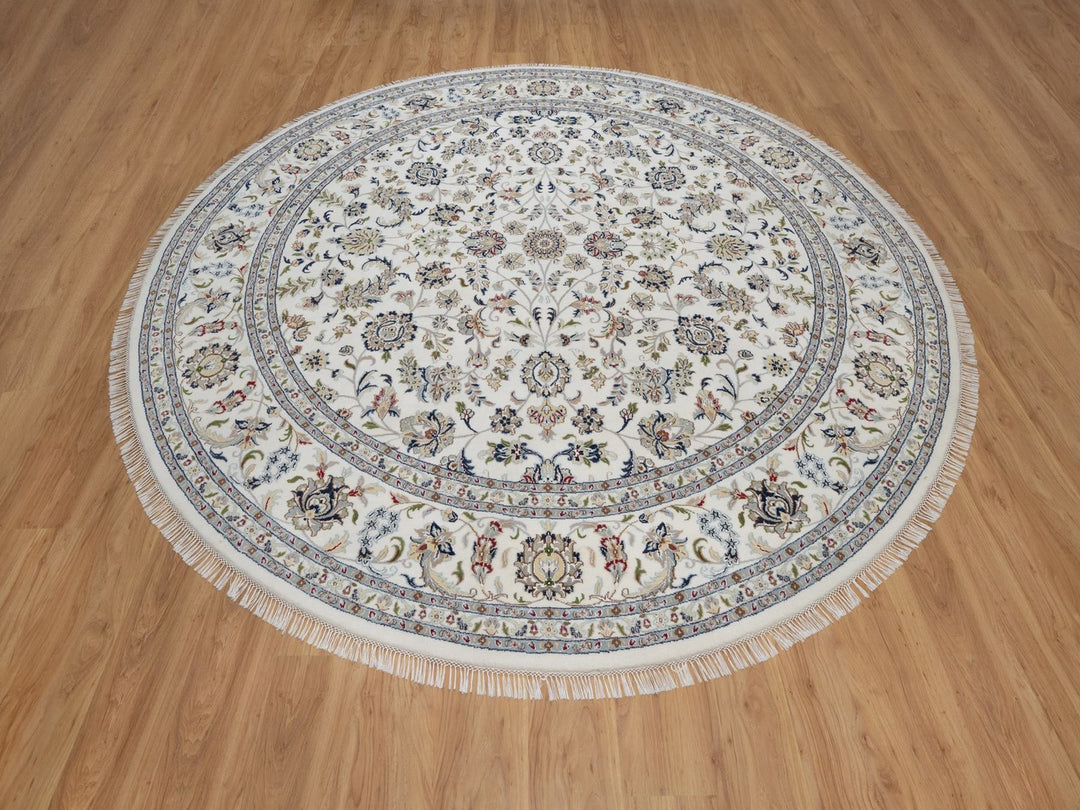 9'10" x 9'10" New Hand Knotted Ivory Wool & Silk Round Oriental Rug - MOA10291623
