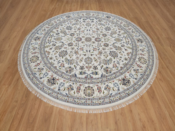 9'10" x 9'10" New Hand Knotted Ivory Wool & Silk Round Oriental Rug - MOA10291623