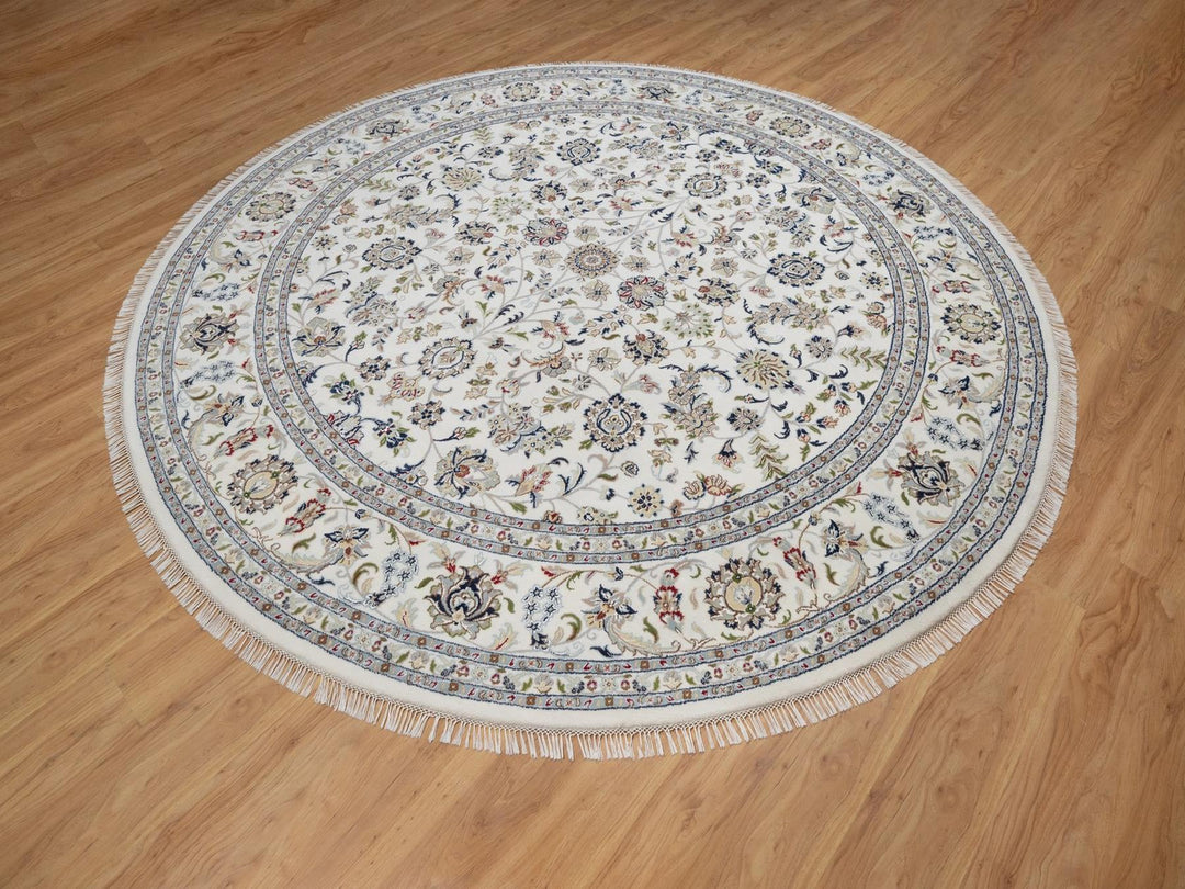 9'10" x 9'10" New Hand Knotted Ivory Wool & Silk Round Oriental Rug - MOA10291623