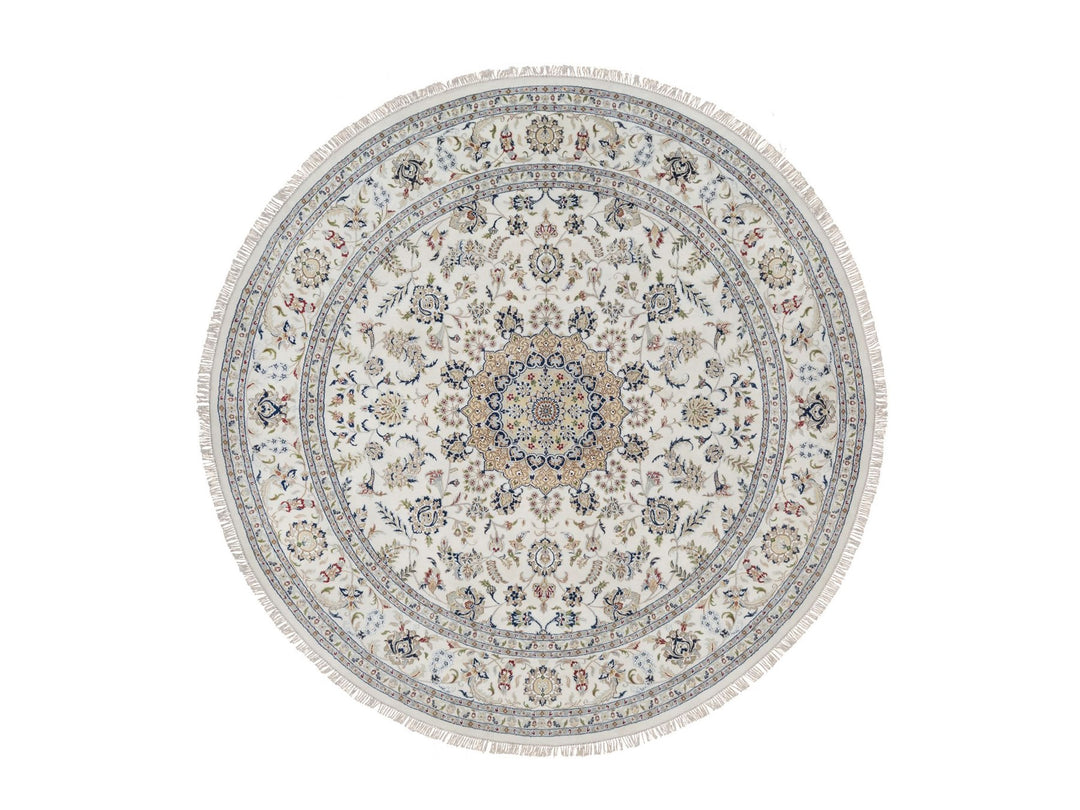 9'10" x 9'10" New Hand Knotted Ivory Wool & Silk Round Oriental Rug - MOA10291624