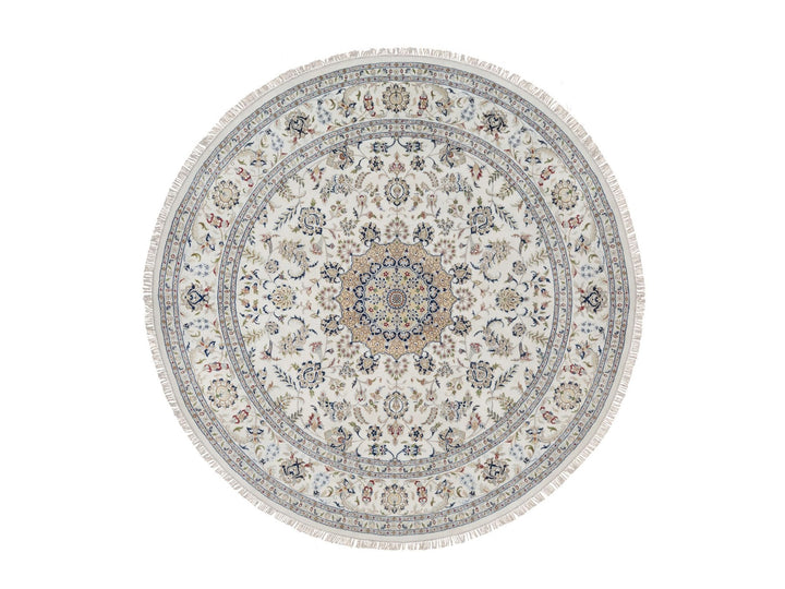 9'10" x 9'10" New Hand Knotted Ivory Wool & Silk Round Oriental Rug - MOA10291624