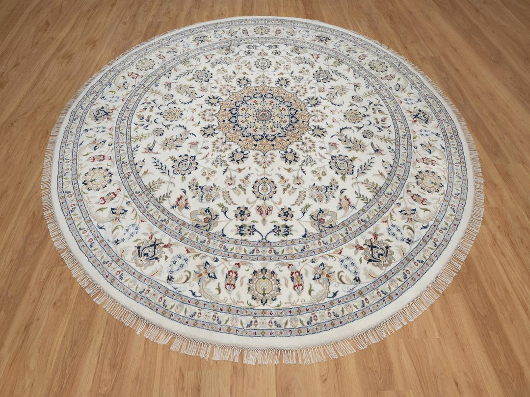9'10" x 9'10" New Hand Knotted Ivory Wool & Silk Round Oriental Rug - MOA10291624