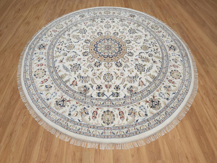 9'10" x 9'10" New Hand Knotted Ivory Wool & Silk Round Oriental Rug - MOA10291624