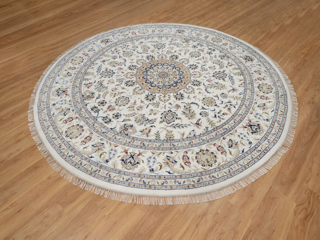 9'10" x 9'10" New Hand Knotted Ivory Wool & Silk Round Oriental Rug - MOA10291624