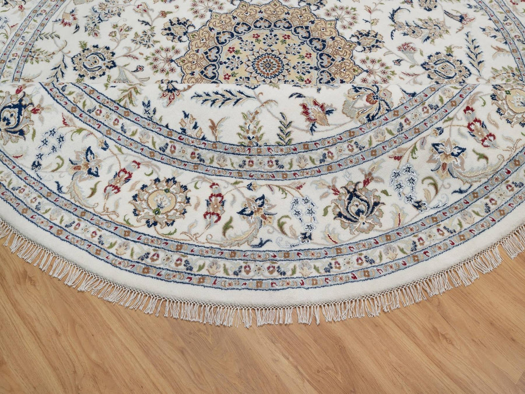 9'10" x 9'10" New Hand Knotted Ivory Wool & Silk Round Oriental Rug - MOA10291624