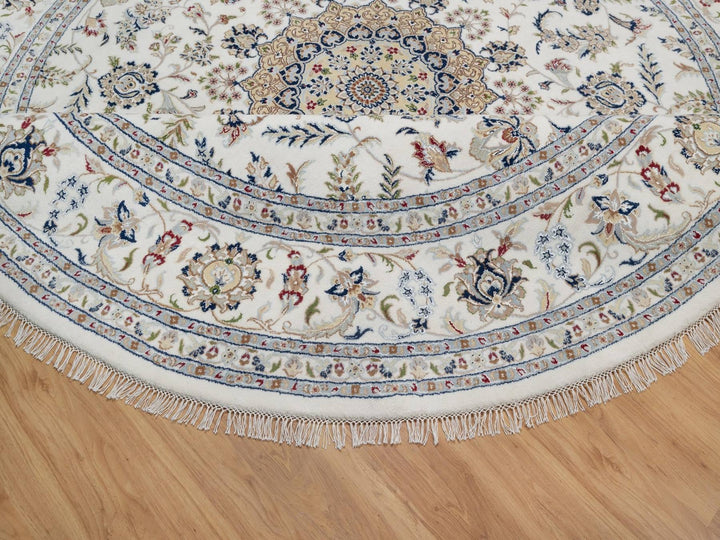 9'10" x 9'10" New Hand Knotted Ivory Wool & Silk Round Oriental Rug - MOA10291624