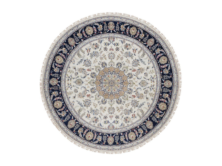 8'2" x 8'2" New Hand Knotted Ivory Wool & Silk Round Oriental Rug - MOA10291625