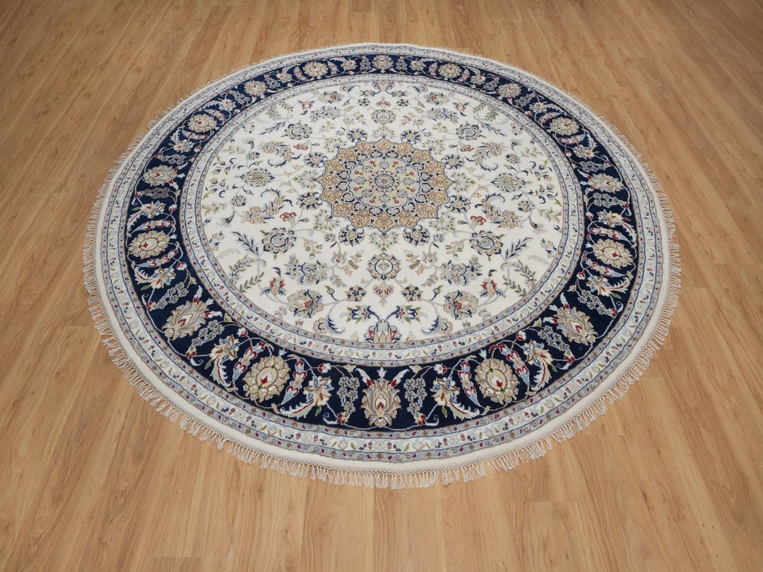 8'2" x 8'2" New Hand Knotted Ivory Wool & Silk Round Oriental Rug - MOA10291625