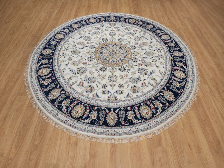 8'2" x 8'2" New Hand Knotted Ivory Wool & Silk Round Oriental Rug - MOA10291625