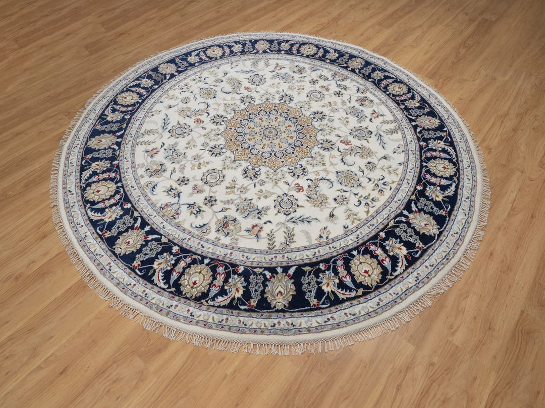 8'2" x 8'2" New Hand Knotted Ivory Wool & Silk Round Oriental Rug - MOA10291625