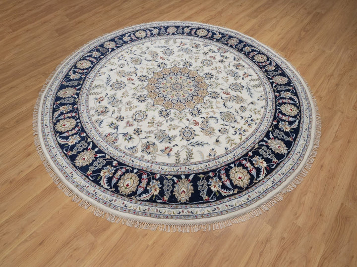 8'2" x 8'2" New Hand Knotted Ivory Wool & Silk Round Oriental Rug - MOA10291625