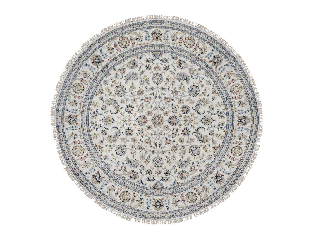 7'10" x 7'10" New Hand Knotted Ivory Wool & Silk Round Oriental Rug - MOA10291626
