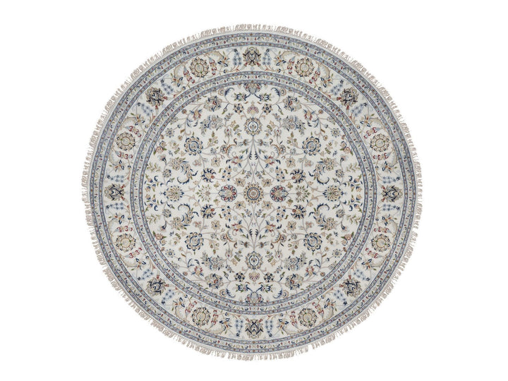 7'10" x 7'10" New Hand Knotted Ivory Wool & Silk Round Oriental Rug - MOA10291626