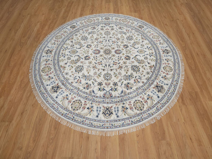 7'10" x 7'10" New Hand Knotted Ivory Wool & Silk Round Oriental Rug - MOA10291626