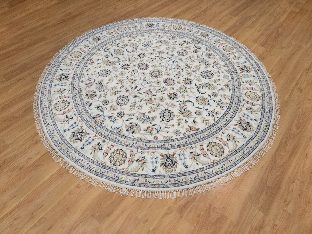 7'10" x 7'10" New Hand Knotted Ivory Wool & Silk Round Oriental Rug - MOA10291626