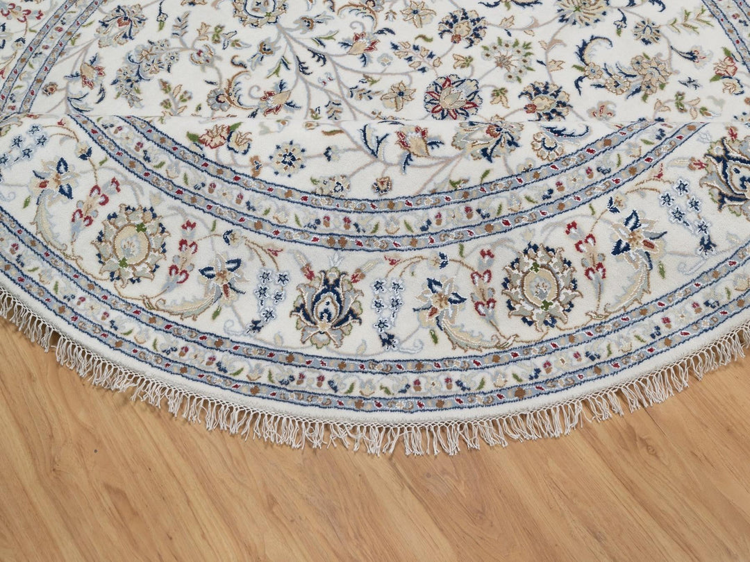 7'10" x 7'10" New Hand Knotted Ivory Wool & Silk Round Oriental Rug - MOA10291626