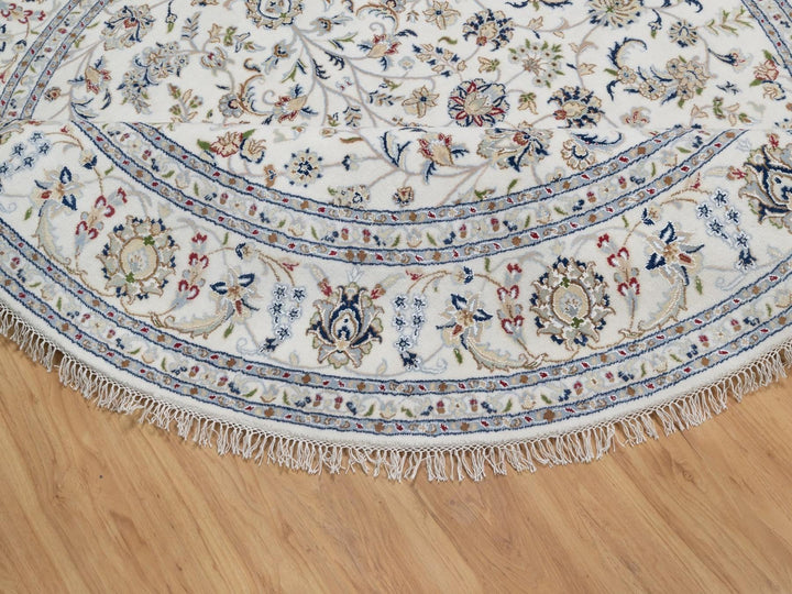 7'10" x 7'10" New Hand Knotted Ivory Wool & Silk Round Oriental Rug - MOA10291626
