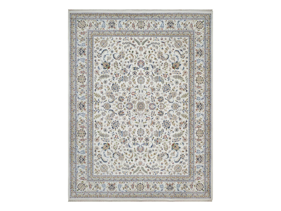 11'8" x 15'2" New Hand Knotted Ivory Wool & Silk Rectangle Oriental Rug - MOA10291634