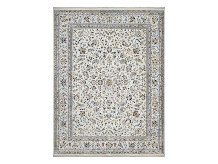 11'8" x 15'2" New Hand Knotted Ivory Wool & Silk Rectangle Oriental Rug - MOA10291634