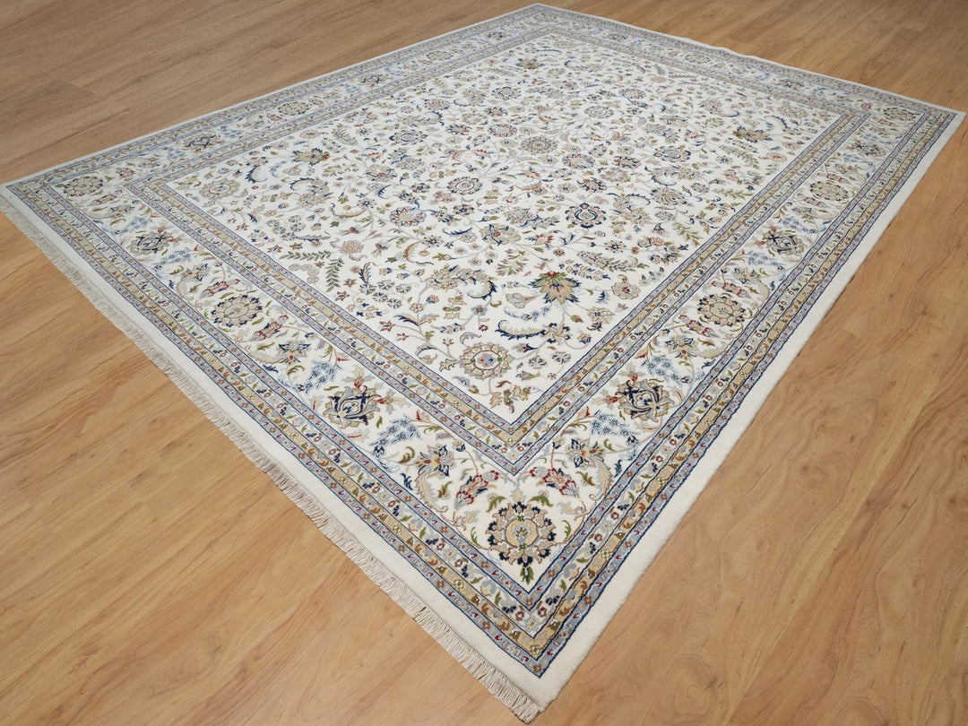 11'8" x 15'2" New Hand Knotted Ivory Wool & Silk Rectangle Oriental Rug - MOA10291634