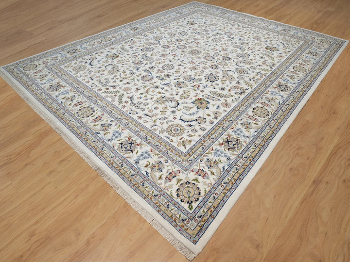 11'8" x 15'2" New Hand Knotted Ivory Wool & Silk Rectangle Oriental Rug - MOA10291634