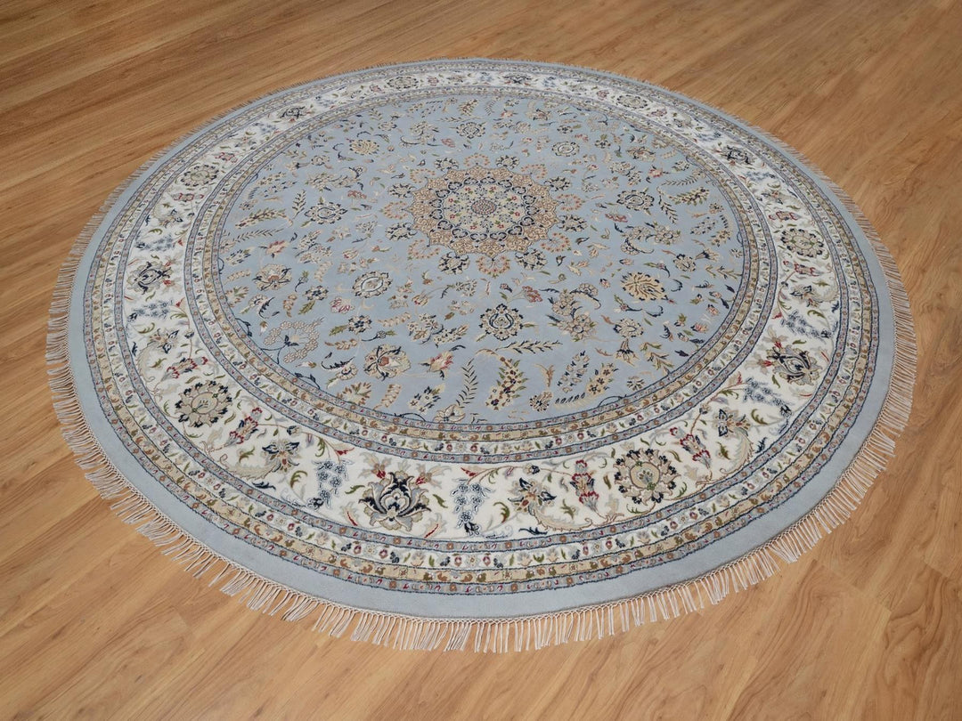 11'9" x 11'9" New Hand Knotted Blue Wool & Silk Round Oriental Rug - MOA10291635