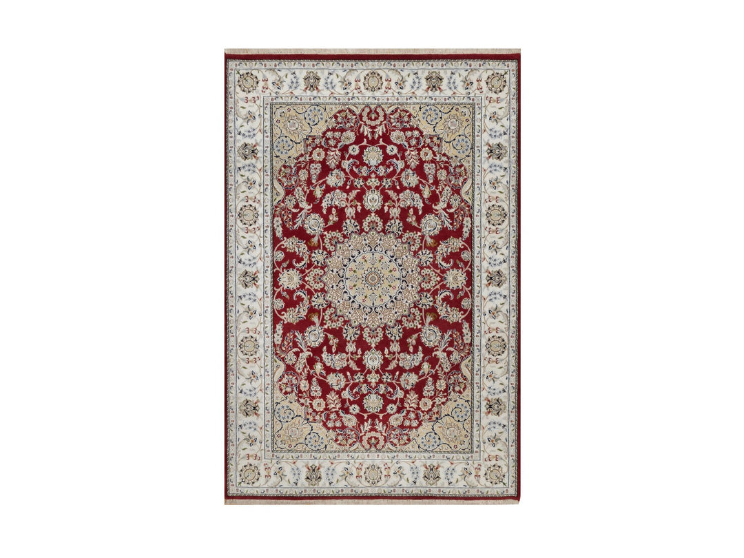 6'0" x 9'0" New Hand Knotted Red Wool & Silk Rectangle Oriental Rug - MOA10291641