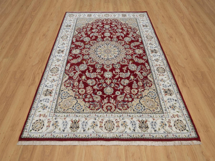 6'0" x 9'0" New Hand Knotted Red Wool & Silk Rectangle Oriental Rug - MOA10291641