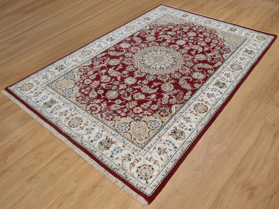 6'0" x 9'0" New Hand Knotted Red Wool & Silk Rectangle Oriental Rug - MOA10291641