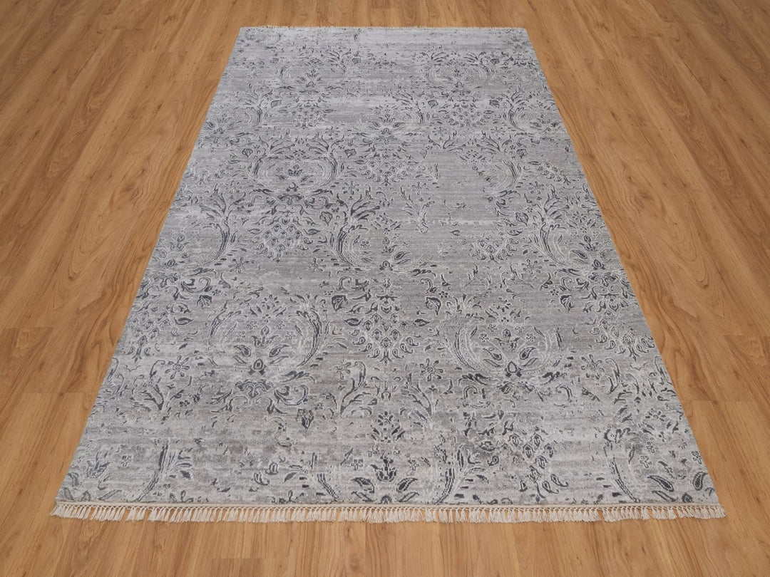 5'11" x 9'0" New Hand Knotted Grey Wool & Silk Rectangle Oriental Rug - MOA10291779