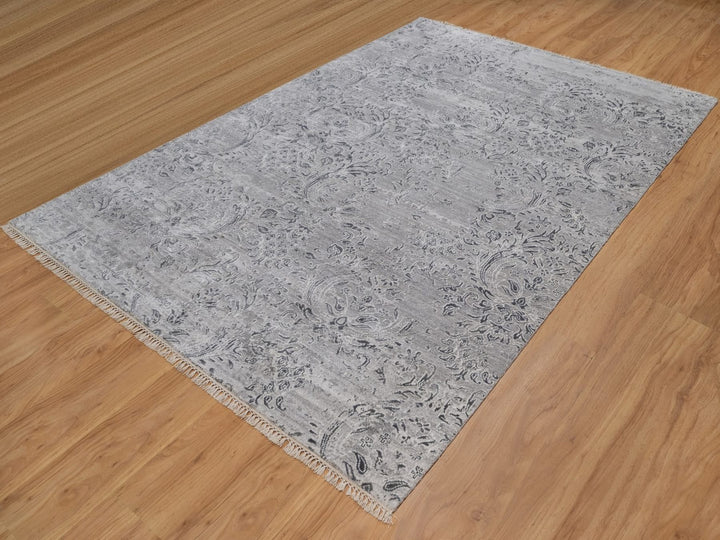 5'11" x 9'0" New Hand Knotted Grey Wool & Silk Rectangle Oriental Rug - MOA10291779