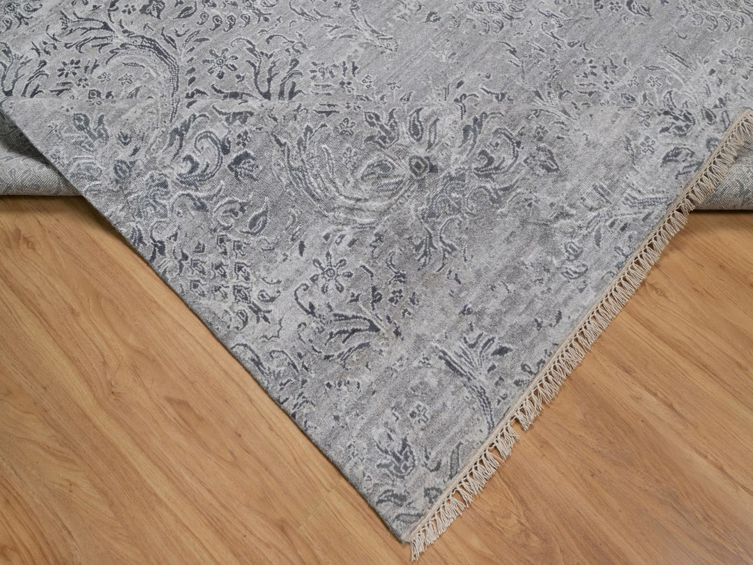 5'11" x 9'0" New Hand Knotted Grey Wool & Silk Rectangle Oriental Rug - MOA10291779