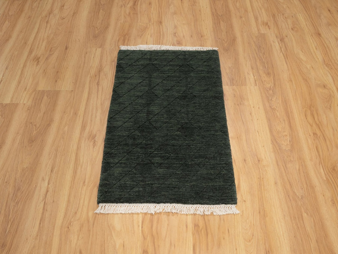 1'11" x 2'9" New Hand Loomed Green Wool Rectangle Oriental Rug - MOA10291780